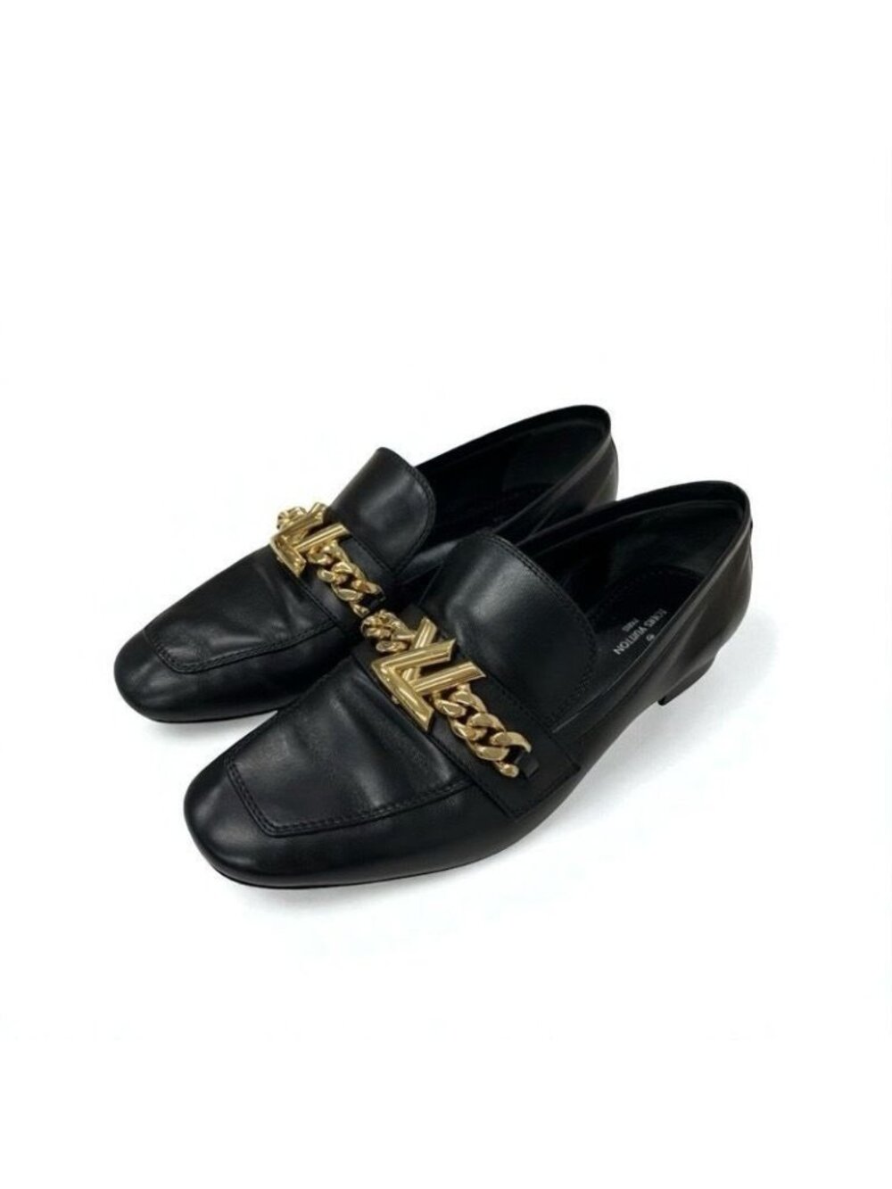 Louis Vuitton Upper Case Line Loafers Leather Shoes Black Gold Chain - Picture 2 of 11